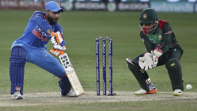 India's Ravindra Jadeja, left, bats during the final one day international cricket match of Asia Cup between India and Bangladesh, in Dubai, United Arab Emirates. (AP) India's Ravindra Jadeja, left, bats during the final one day international cricket match of Asia Cup between India and Bangladesh, in Dubai, United Arab Emirates. (AP)
