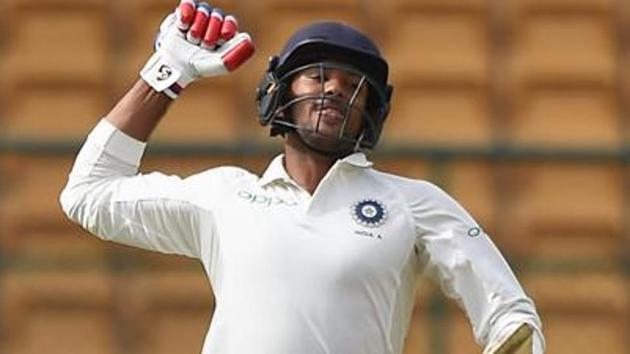 Mayank Agarwal scored 90 for Board President’s XI during the warm-up match against West Indies.(PTI) Mayank Agarwal scored 90 for Board President’s XI during the warm-up match against West Indies.(PTI)