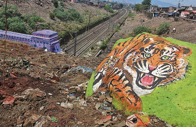 Heaps of garbage that once covered the area near Parsik tunnel have now been cleared and a tiger has been painted on a rock.(PRAFUL GANGURDE)