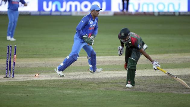 Bangladesh's Soumya Sarkar, right, is run-out by India's wicketkeeper Mahendra Singh Dhoni. (AP) Bangladesh's Soumya Sarkar, right, is run-out by India's wicketkeeper Mahendra Singh Dhoni. (AP)