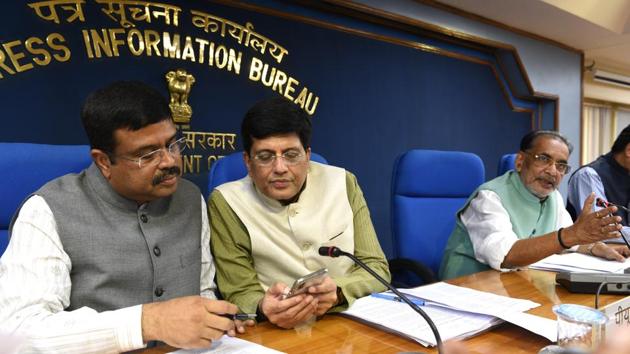 Union Ministers Dharmendra Pradhan, Piyush Goyal and Radha Mohan Singh during a cabinet briefing after cabinet ministers meeting, at Shastri Bhawan in New Delhi, on September 12, 2018.(HT File Photo)