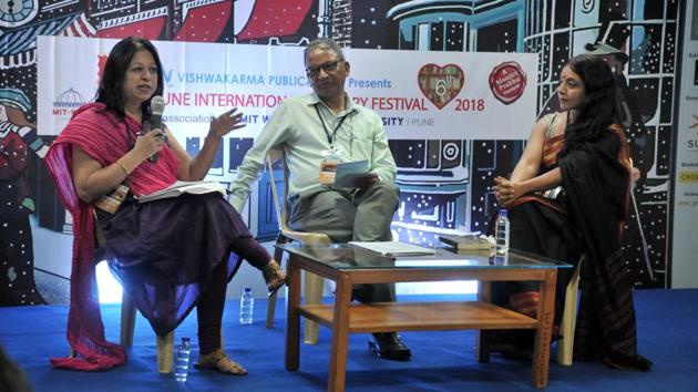 (From left) Journalist Harinder Baweja; Air Commodore Nitin Sathe, and Rachna Bisht, moderator, at the 6th Pune international literary festival (Pilf) onSaturday. Harinder Baweja, who was among the journalists who covered the Kargil War, on Saturday said that the Indian Army “is not a holy cow” and the lapses on its part must not be kept secret, but brought out into the open in the public domain. (HT PHOTO)