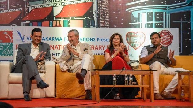 (From left) Bharat Agarwal, Lorenzo Angeloni, Shobhaa De and Rahul Karad. Inaugurating the 6th Pune international literary festival (Pilf) at Yashwantrao Chavan Academy of Development Administration (Yashada), Baner, De said, “Books are my allies; I grew up in a middle class family with my father buying us books. I am grandmother of five, mother of six and keep on telling them to at least read for five minutes every day. It is a habit that the young generation has lost interest.” (SANKET WANKHADE/HT PHOTO)