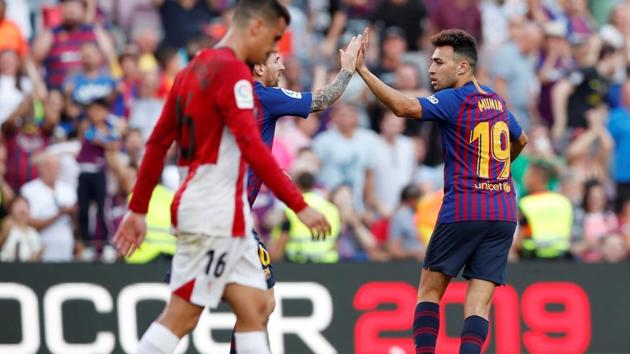 Barcelona's Munir El Haddadi celebrates after scoring against Athletic Bilbao.(REUTERS)