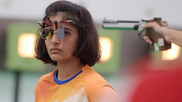 Palembang: Indian shooter Manu Bhaker competes in the 10m air pistol qualification round at the Asian Games 2018.(PTI)