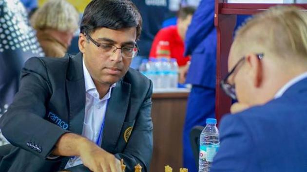 Batumi: Five-time world champion Viswanathan Anand plays against Markus Ragger of Austria in the second round of the team event at 43rd Chess Olympiad in Batumi, Geogia, Wednesday, Sept 26, 2018. Anand beat Ragger as Indian team won against Austria, 3.5 - 0.5.(PTI)