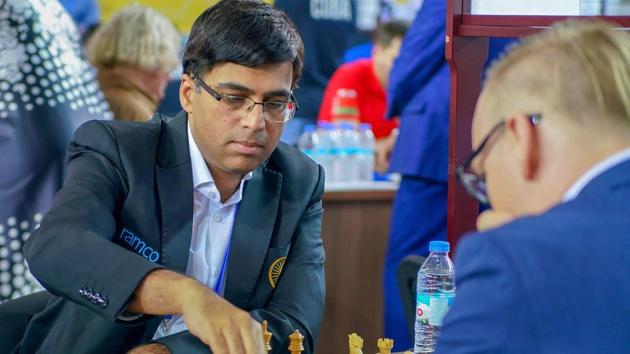 Five-time world champion Viswanathan Anand in action during the Chess Olympiad in Batumi.(PTI)