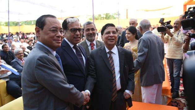 Chief Justice of India Dipak Misra held court, along with his successor Ranjan Gogoi, for the last time on Monday. Misra, who presided over benches that delivered a series of key verdicts like the one on Aadhaar and Section 377 during the last 10 days, appeared to be emotional during the brief court proceedings that lasted about 25 minutes. (Arvind Yadav / HT Photo)