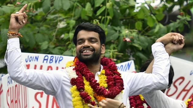 Ankiv Baisoya, a RSS-affliated AVBP, was elected as DUSU president this year. The NSUI has alleged that Baisoya submitted fake documents to get admission to the Master’s in Buddhist Studies programme at Delhi University.(Amal KS /HT File Photo)