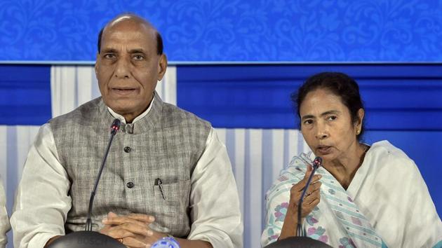 Union home minister Rajnath Singh and West Bengal chief minister Mamata Banerjee (R) attend the 23rd meeting of the Eastern Zonal Council at Nabanna Chief Minister office, in Kolkata. (PTI Photo) Union home minister Rajnath Singh and West Bengal chief minister Mamata Banerjee (R) attend the 23rd meeting of the Eastern Zonal Council at Nabanna Chief Minister office, in Kolkata. (PTI Photo)