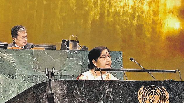 External Affairs Minister Sushma Swaraj addresses the 73rd United Nations General Assembly, at the UN Headquarters, Saturday (PTI) External Affairs Minister Sushma Swaraj addresses the 73rd United Nations General Assembly, at the UN Headquarters, Saturday (PTI)