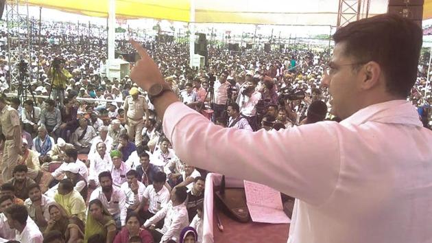 State Congress president Sachin Pilot addresses the Kisan Rally in Rajsamand district on Sunday, September 30, 2018. (HT Photo) State Congress president Sachin Pilot addresses the Kisan Rally in Rajsamand district on Sunday, September 30, 2018. (HT Photo)
