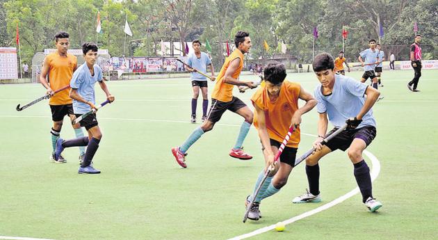 Pune, India -Monday, September, 01, 2018 3rd SNBP all indial hockey tournament Hockey Coorg (blue) vs Belkulai ckas.v (west Bengal) organge at balewadi stadium in Pune, India, on Monday,September 01, 2018. (HT PHOTO) Pune, India -Monday, September, 01, 2018 3rd SNBP all indial hockey tournament Hockey Coorg (blue) vs Belkulai ckas.v (west Bengal) organge at balewadi stadium in Pune, India, on Monday,September 01, 2018. (HT PHOTO)