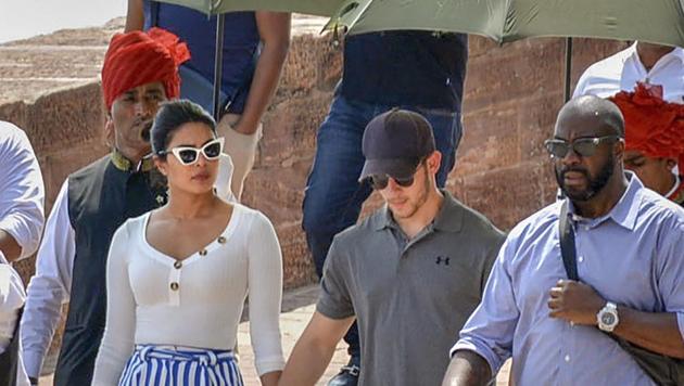 Bollywood actor Priyanka Chopra and American singer Nick Jonas during a visit to Mehrangarh Fort, in Jodhpur, Tuesday.(PTI)