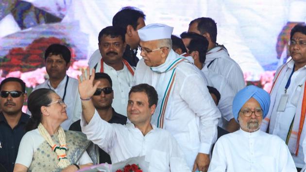 Congress president Rahul Gandhi, former Congress president Sonia Gandhi and former prime minister Manmohan Singh at a public rally in Wardha on October 2. (PTI) Congress president Rahul Gandhi, former Congress president Sonia Gandhi and former prime minister Manmohan Singh at a public rally in Wardha on October 2. (PTI)