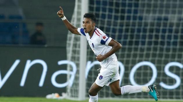 Delhi Dynamos’ Rana Gharami celebrates after scoring a goal against FC Pune City(Delhi Dynamos/ Twitter)