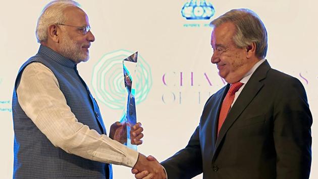 Prime Minister Narendra Modi received the UNEP Champions of the Earth award, UN’s highest environmental honour, from the UN Secretary General Antonio Guterres in New Delhi on Wednesday. Guterres said PM Modi recognised the fact that climate change poses a direct existential threat to us. (PTI)
