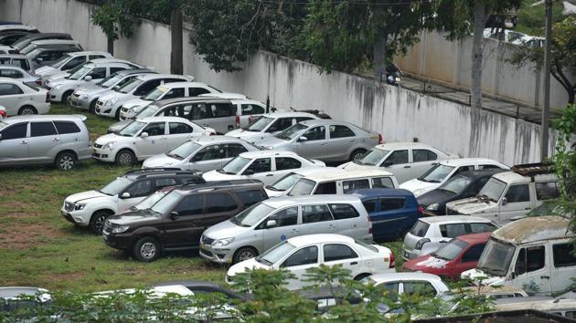 A view of a seized cars at RR Nagar in Bengaluru.(Arijit Sen/HT Photo)