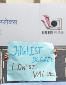 Silent march by research scholars of IISER for hike in their fellowship at IISER campus in Pune on October 3, 2018.(HT PHOTO)