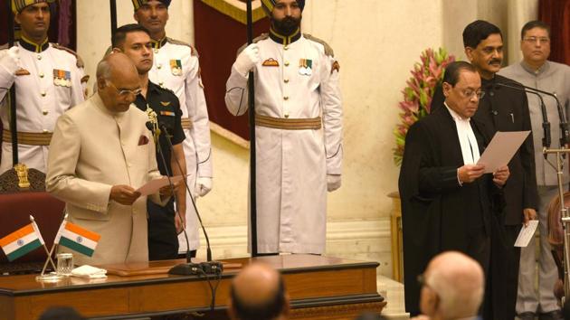 Justice Ranjan Gogoi became the 46th Chief Justice of India, the first from the northeast to take over the post, on Wednesday as he replaced justice Dipak Misra. President Ram Nath Kovind administered the oath of office to the 63-year-old Justice Gogoi during a brief ceremony at the Rashtrapati Bhavan’s Darbar Hall. Justice Gogoi will have a tenure of a little over 13 months and is set to retire on November 17, 2019. (Arvind Yadav / HT Photo)
