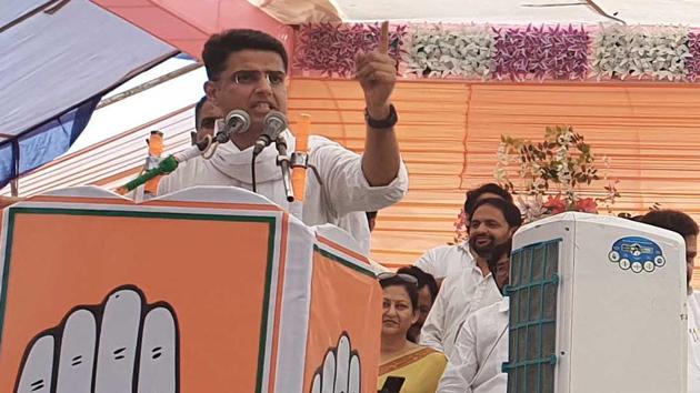 Rajasthan Congress chief Sachin Pilot addressing a public meeting of Congress party in Sangod town of Kota district on Tuesday, October 2, 2018. (HT Photo) Rajasthan Congress chief Sachin Pilot addressing a public meeting of Congress party in Sangod town of Kota district on Tuesday, October 2, 2018. (HT Photo)
