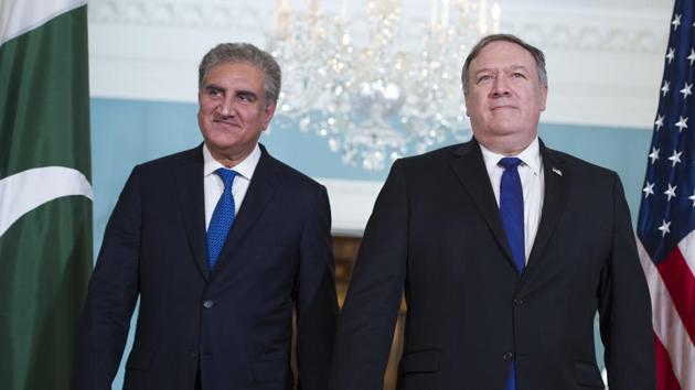 Secretary of State Mike Pompeo (right) meets Pakistani foreign minister Makhdoom Shah Mahmood Qureshi at the State Department in Washington, on October 2, 2018. (AP) Secretary of State Mike Pompeo (right) meets Pakistani foreign minister Makhdoom Shah Mahmood Qureshi at the State Department in Washington, on October 2, 2018. (AP)