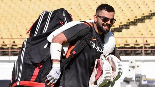 Indian cricket captain Virat kohli during a practice session ahead of the first test match against West Indies, in Rajkot, Tuesday, Oct 2, 2018.(PTI)