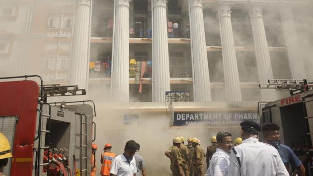 Hundreds of patients were evacuated safely on Wednesday after a fire broke out in the pharmacy building of the Kolkata Medical College and Hospital, officials said. At least ten fire engines were pressed into service after the fire was noticed at around 8am in the building of the hospital, the oldest institute of western medicine in the country, located on College Street. (Samir Jana / HT Photo)