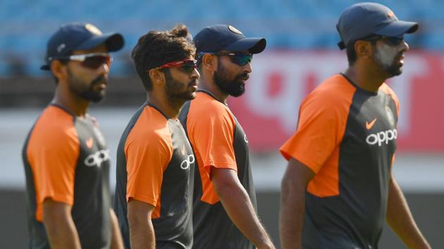 Ajinkya Rajhane (L), Shardul Thakur (C), Mohammed Shami (2L) and Ravichandran Ashwin during the training session. (AFP)