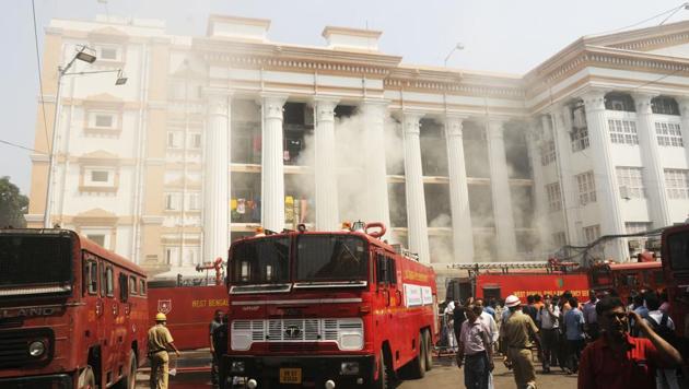 Fire fighters douse a fire which broke out in a pharmacy building of the Kolkata Medical College and Hospital, in Kolkata on October 3. (Samir Jana/ HT Photo) Fire fighters douse a fire which broke out in a pharmacy building of the Kolkata Medical College and Hospital, in Kolkata on October 3. (Samir Jana/ HT Photo)