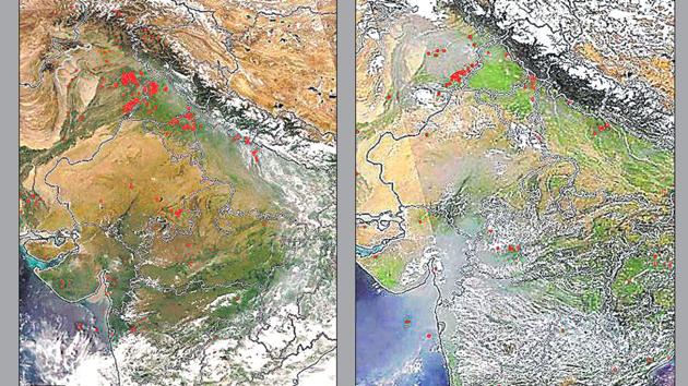 A combination of satellite images by Nasa from October 3, 2017 (left) and October 3, 2018 show fewer red spots signifying farm fires in northern India.