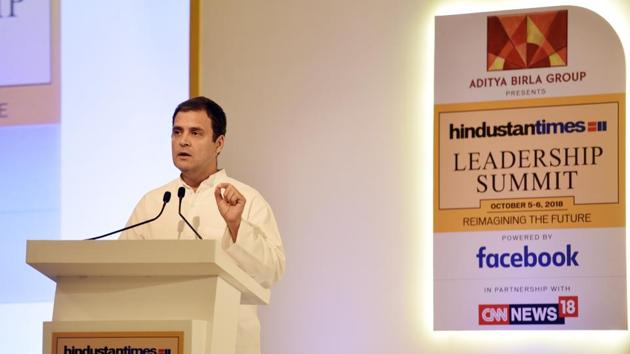 Congress President Rahul Gandhi began the day’s proceedings, speaking during the keynote address during the Hindustan Times Leadership Summit 2018 at Taj Palace in New Delhi. Gandhi said “India is a partnership between all its peoples. We don’t believe in binaries,” and that “we must re-imagine that India where the mind is without fear.” (Sanchit Khanna / HT Photo)