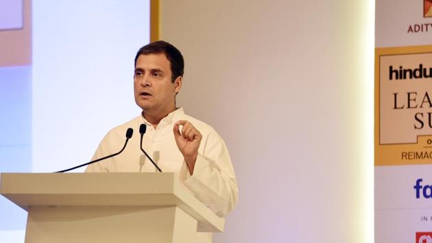 Congress president Rahul Gandhi giving the keynote address at the Hindustan Times Leadership Summit at Taj Palace in New Delhi, on October 5, 2018.(Sanchit Khanna/HT Photo)