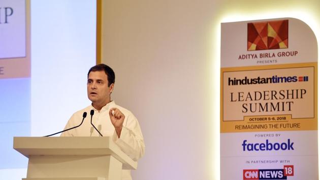 Rahul Gandhi, President, Indian National Congress during the Hindustan Times Leadership Summit at Taj Palace in New Delhi, India, on Friday, October 5, 2018.(HT Photo)