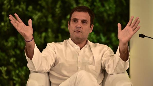 Congress president Rahul Gandhi at the Hindustan Times Leadership Summit at Taj Palace in New Delhi, on October 5, 2018.(Virendra Singh Gosain/HT PHOTO)