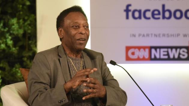 Football legend Pelé speaks at the Hindustan Times Leadership Summit at Taj Palace in New Delhi, India, on Friday.(Burhaan Kinu/HT Photo)