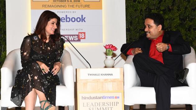 Authors Twinkle Khanna and Amish Tripathi in conversation during the Hindustan Times Leadership Summit at Taj Palace in New Delhi, on October 5, 2018.(Vipin Kumar/HT Photo)