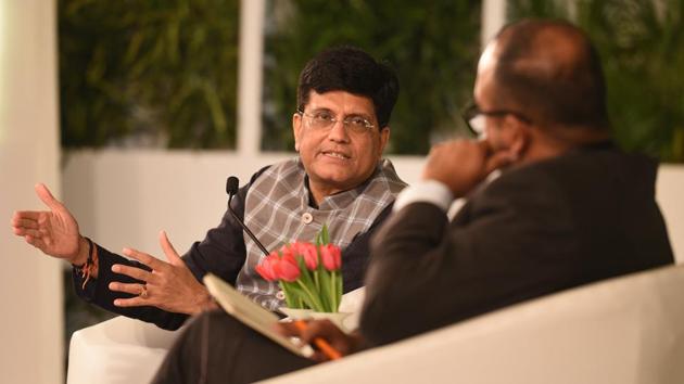 New Delhi, India - Oct. 5, 2018: Piyush Goyal, Minister of Railways and Coal and R. Sukumar, Editor-in-Chief, Hindustan Times during the Hindustan Times Leadership Summit at Taj Palace in New Delhi, India, on Friday, October 5, 2018. (Raj K Raj/HT PHOTO) New Delhi, India - Oct. 5, 2018: Piyush Goyal, Minister of Railways and Coal and R. Sukumar, Editor-in-Chief, Hindustan Times during the Hindustan Times Leadership Summit at Taj Palace in New Delhi, India, on Friday, October 5, 2018. (Raj K Raj/HT PHOTO)