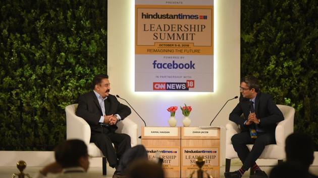 Kamal Haasan in conversation with Zakka Jacob, Deputy Executive Editor, CNN-NEWS18 said that he is enjoying his new role in politics. Haasan said his party (Makkal Needhi Maiam) is still setting its goals. On his motivation behind entering politics Haasan said, “Tamil Nadu deserves it place within India. We could have been there 30-40 years ago. My goal right now is Tamil Nadu.” (Burhaan Kinu / HT Photo)