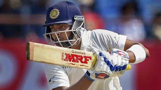 Prithvi Shaw plays a shot during Day 1 of the first Test between India and West Indies in Rajkot. (PTI) Prithvi Shaw plays a shot during Day 1 of the first Test between India and West Indies in Rajkot. (PTI)