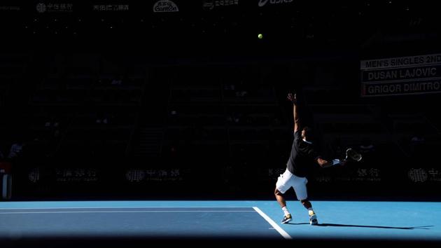 Grigor Dimitrov of Bulgaria serves during his men’s singles second round match against Serbia’s Dusan Lajovic at the China Open tennis tournament in Beijing. (Fred Dufour / AFP) Grigor Dimitrov of Bulgaria serves during his men’s singles second round match against Serbia’s Dusan Lajovic at the China Open tennis tournament in Beijing. (Fred Dufour / AFP)