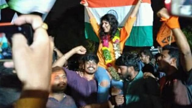 ABVP students celebrate their victory in the students’ union polls of University of Hyderabad on Saturday. (HT PHOTO) ABVP students celebrate their victory in the students’ union polls of University of Hyderabad on Saturday. (HT PHOTO)