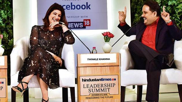 Author, columnist and film producer Twinkle Khanna with author Amish Tripathi during the session ‘Reimagining Fiction’.(Vipin Kumar/HT Photo)