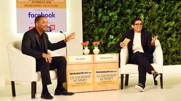 Will Smith and Farhan Akhtar in conversation at the 16th edition of Hindustan Times Leadership Summit.(HT Photo)