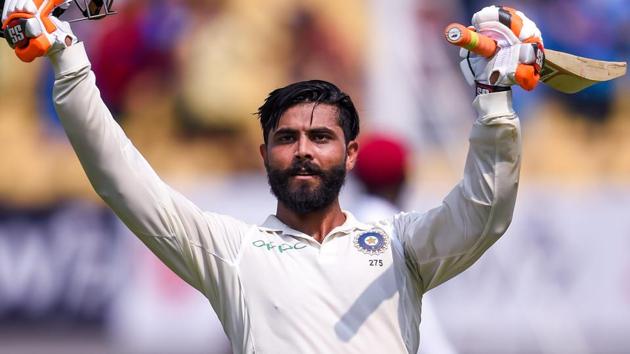 Ravindra Jadeja celebrates his century during the first Test between India and West Indies in Rajkot.(PTI)