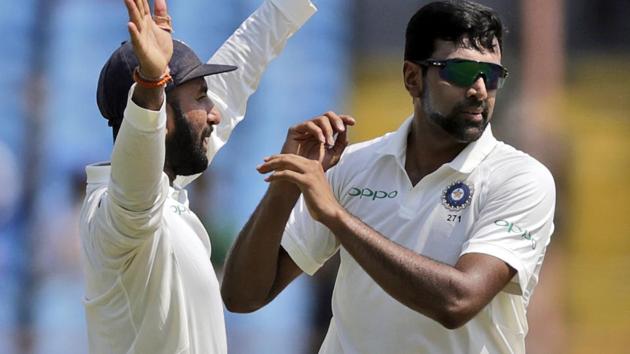 Ravichandran Ashwin, right, celebrates after dismissing West Indies' Kraigg Brathwaite. (AP) Ravichandran Ashwin, right, celebrates after dismissing West Indies' Kraigg Brathwaite. (AP)