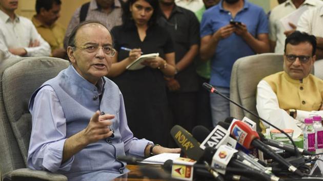 Union Finance Minister Arun Jaitley speaks to during a press conference at North Block, in New Delhi on October 4, 2018. Jaitley announced a cut of Rs 1.50 on excise duty for crude oil and an additional Re 1 that will be absorbed by OMCs with immediate effect. (Subhav Shukla / PTI) Union Finance Minister Arun Jaitley speaks to during a press conference at North Block, in New Delhi on October 4, 2018. Jaitley announced a cut of Rs 1.50 on excise duty for crude oil and an additional Re 1 that will be absorbed by OMCs with immediate effect. (Subhav Shukla / PTI)