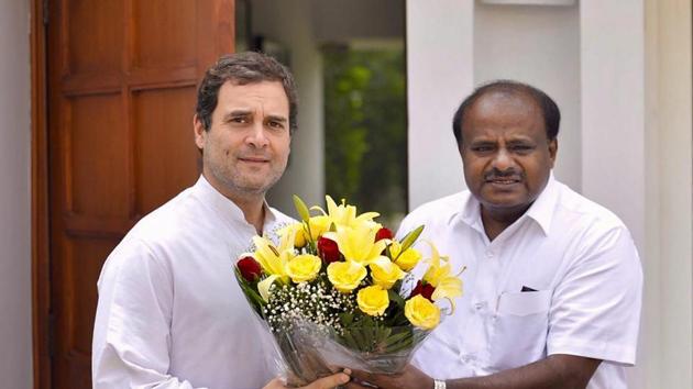 Karnataka chief minister HD Kumaraswamy meets Congress president Rahul Gandhi, in New Delhi on August 30. (PTI Photo) Karnataka chief minister HD Kumaraswamy meets Congress president Rahul Gandhi, in New Delhi on August 30. (PTI Photo)