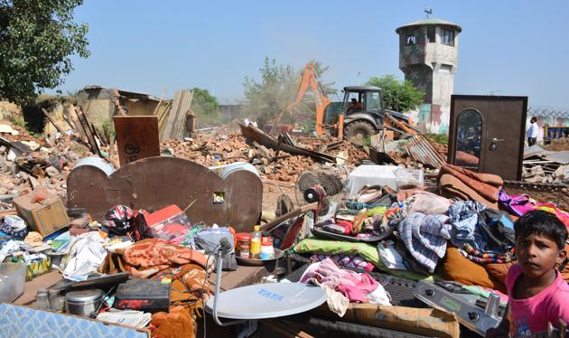 GMADA razing structures in Jagatpura village near the Chandigarh International Airport on Friday.(Sant Arora/HT) GMADA razing structures in Jagatpura village near the Chandigarh International Airport on Friday.(Sant Arora/HT)