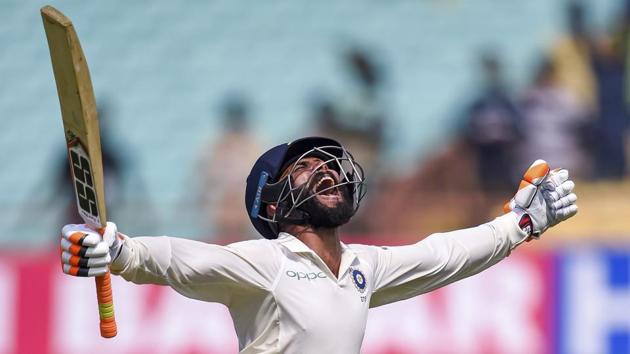 Batsman Ravindra Jadeja celebrates his century during the first test cricket match played between India and West Indies in Rajkot, Gujarat on October 05, 2018. (Shashank Parade / PTI) Batsman Ravindra Jadeja celebrates his century during the first test cricket match played between India and West Indies in Rajkot, Gujarat on October 05, 2018. (Shashank Parade / PTI)